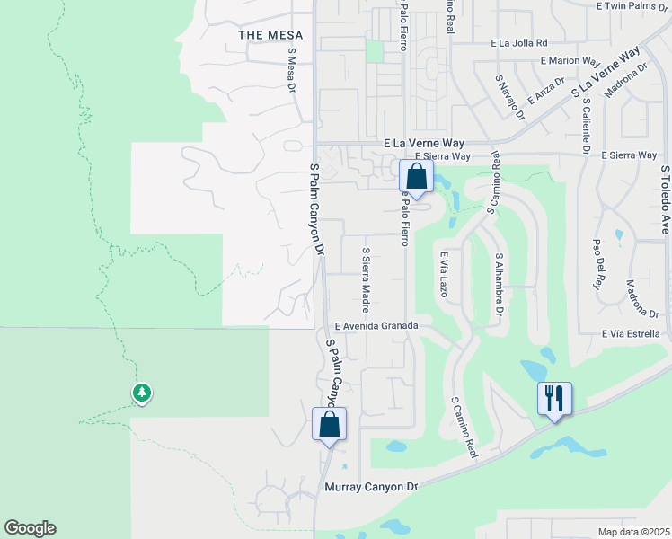 map of restaurants, bars, coffee shops, grocery stores, and more near 2396 South Sky View Drive in Palm Springs