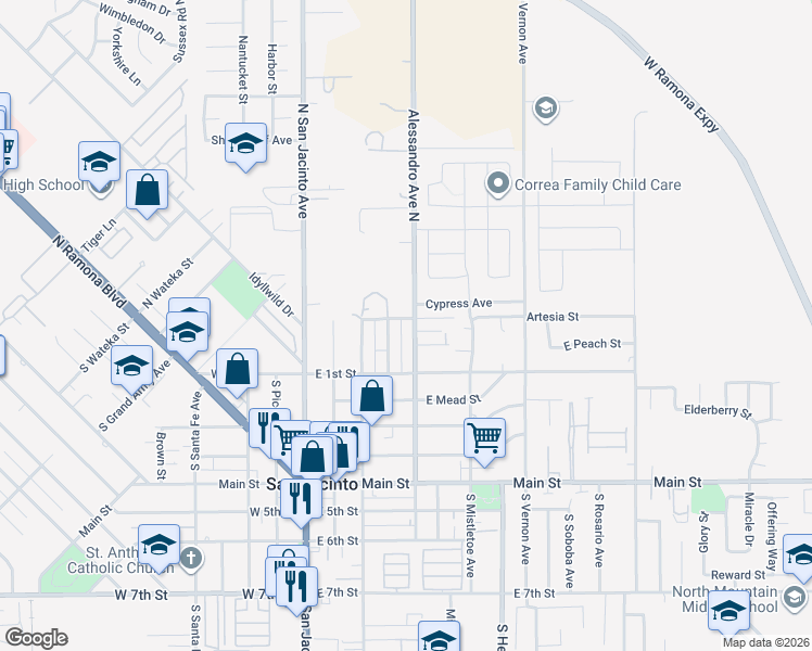 map of restaurants, bars, coffee shops, grocery stores, and more near 184 Alessandro Avenue North in San Jacinto