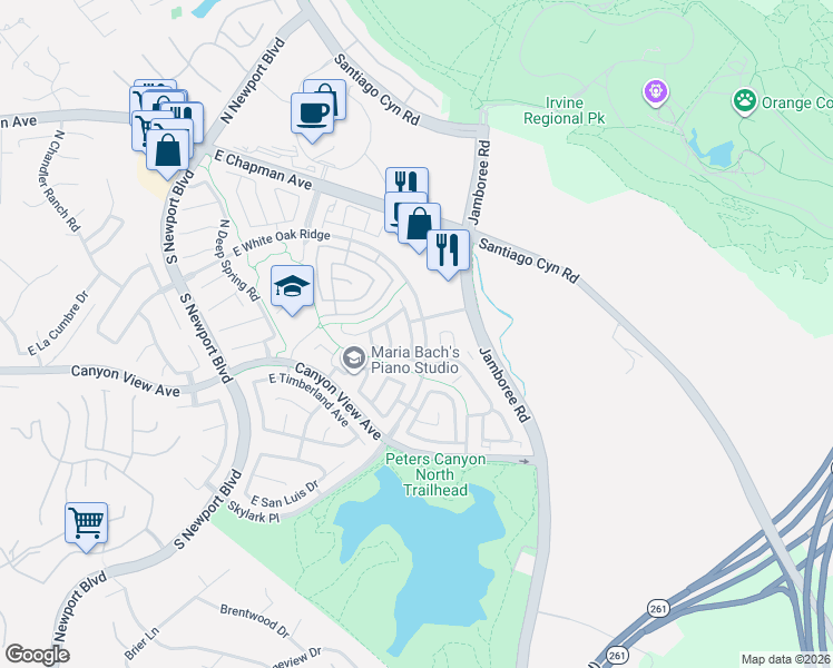 map of restaurants, bars, coffee shops, grocery stores, and more near 154 North Deerwood Street in Orange