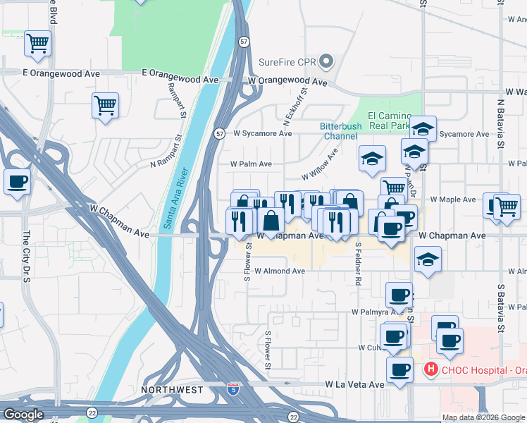 map of restaurants, bars, coffee shops, grocery stores, and more near 155 North Stevens Street in Orange
