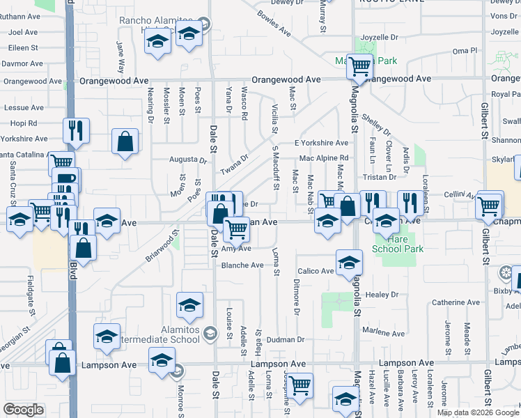 map of restaurants, bars, coffee shops, grocery stores, and more near 8682 Marylee Drive in Garden Grove