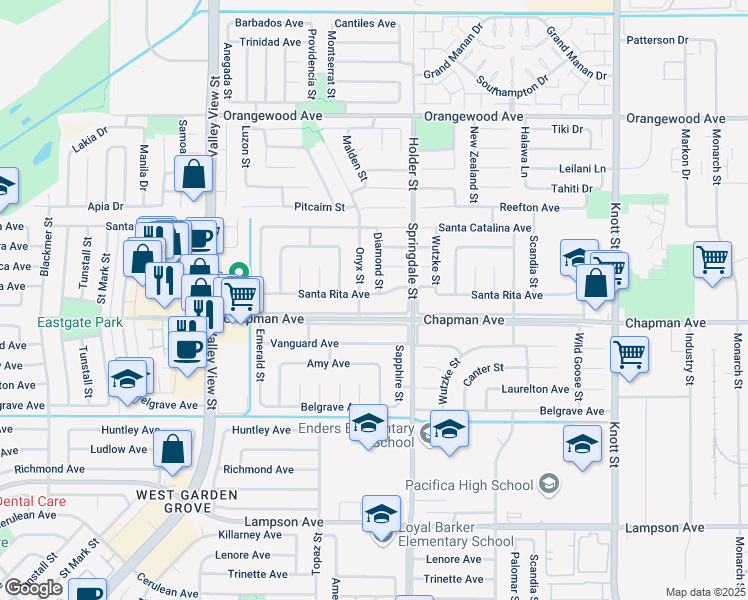 map of restaurants, bars, coffee shops, grocery stores, and more near 6382 Santa Rita Avenue in Garden Grove