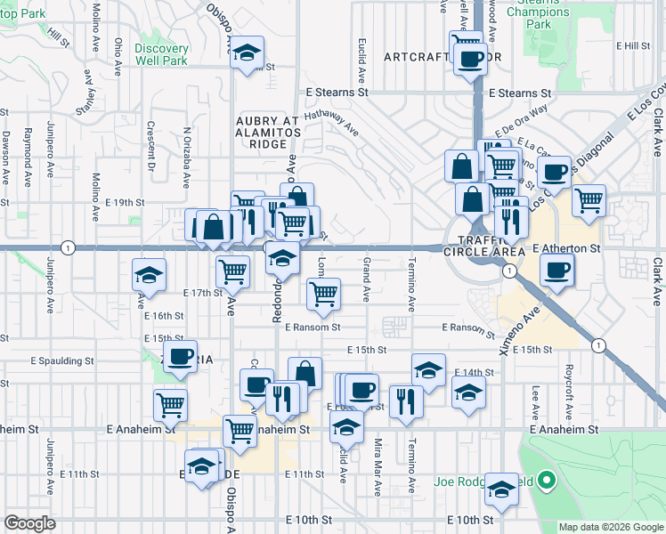 map of restaurants, bars, coffee shops, grocery stores, and more near 3700 East Esther Street in Long Beach