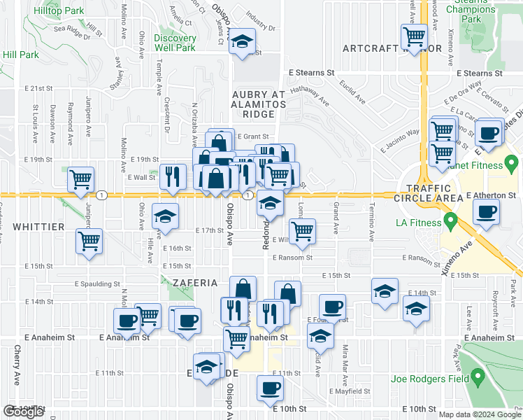 map of restaurants, bars, coffee shops, grocery stores, and more near 1754 Redondo Avenue in Long Beach