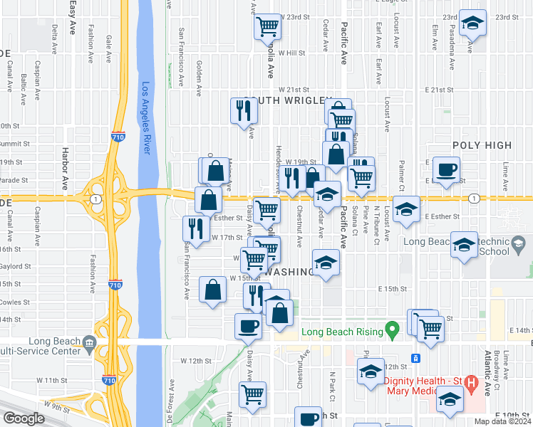 map of restaurants, bars, coffee shops, grocery stores, and more near 1765 Magnolia Avenue in Long Beach