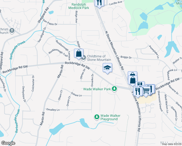 map of restaurants, bars, coffee shops, grocery stores, and more near 341 Oroarke Drive in Stone Mountain
