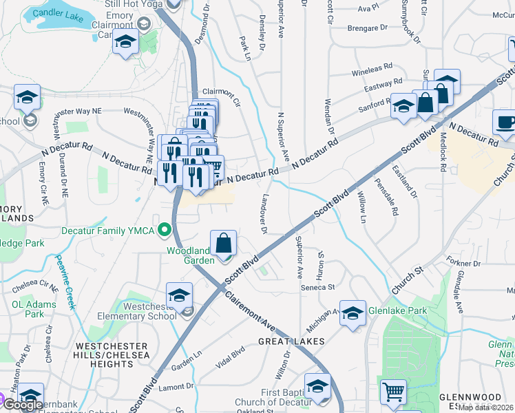 map of restaurants, bars, coffee shops, grocery stores, and more near 444 Landover Drive in Decatur