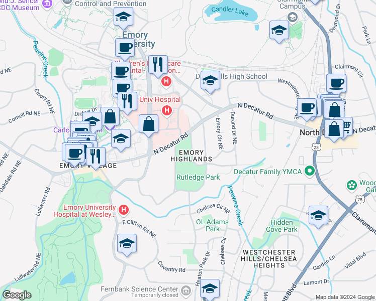 map of restaurants, bars, coffee shops, grocery stores, and more near 465 Emory Drive Northeast in Atlanta