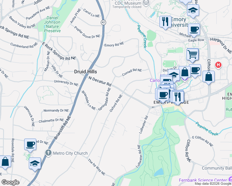 map of restaurants, bars, coffee shops, grocery stores, and more near 1235 Springdale Road Northeast in Atlanta