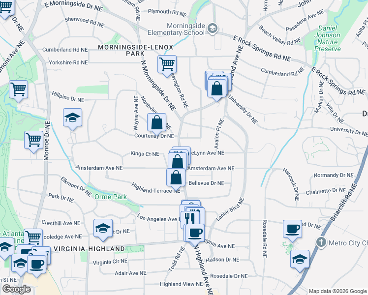 map of restaurants, bars, coffee shops, grocery stores, and more near 1259 North Highland Avenue Northeast in Atlanta
