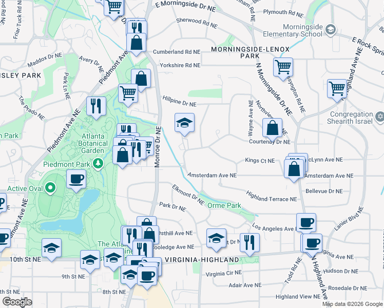 map of restaurants, bars, coffee shops, grocery stores, and more near 685 Courtenay Drive Northeast in Atlanta