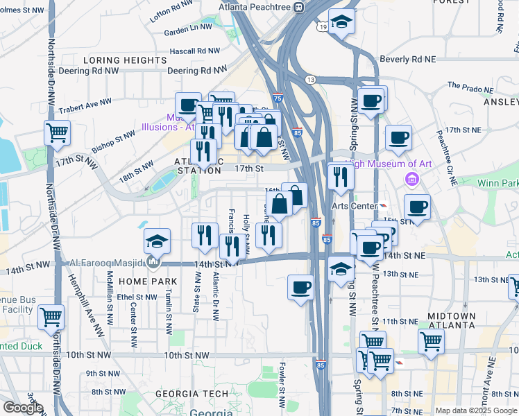 map of restaurants, bars, coffee shops, grocery stores, and more near 1257 Lyle Place Northwest in Atlanta