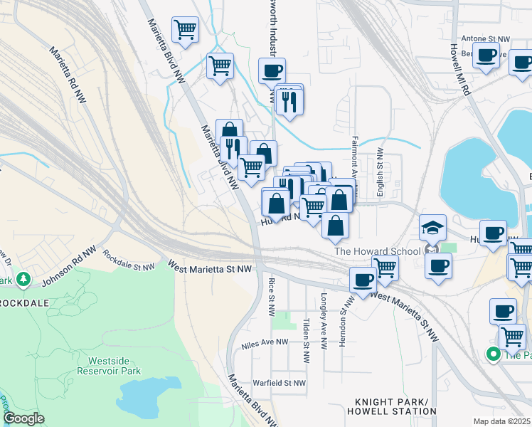 map of restaurants, bars, coffee shops, grocery stores, and more near 1249 Ellsworth Drive Northwest in Atlanta