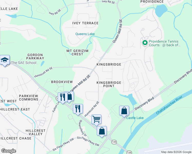map of restaurants, bars, coffee shops, grocery stores, and more near 584 Hunnicutt Road Southeast in Mableton