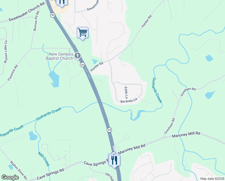 map of restaurants, bars, coffee shops, grocery stores, and more near 264 Beranda Circle in Douglasville