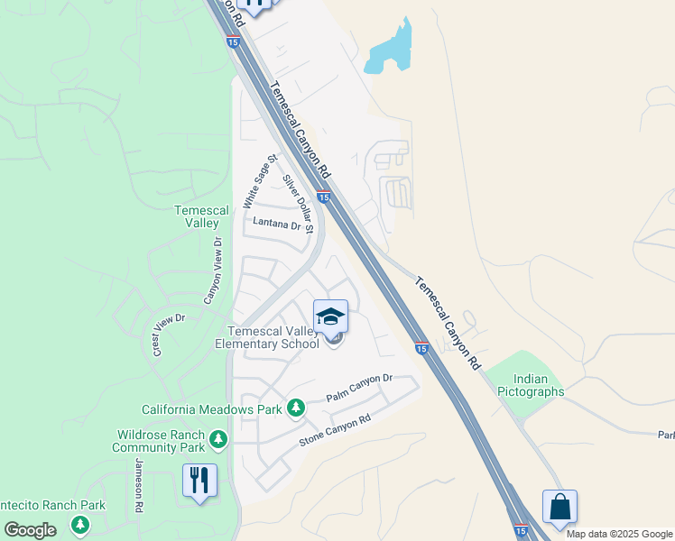 map of restaurants, bars, coffee shops, grocery stores, and more near 22701 Hannah Court in Corona