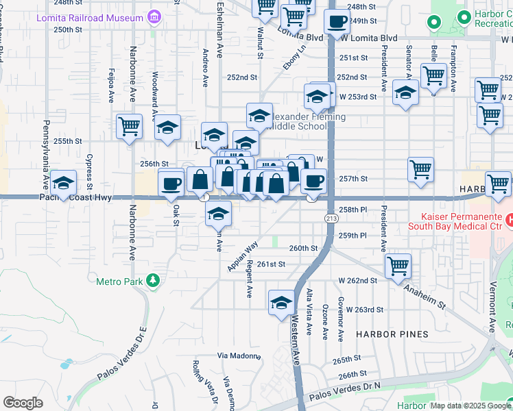 map of restaurants, bars, coffee shops, grocery stores, and more near 25807 Walnut Street in Lomita