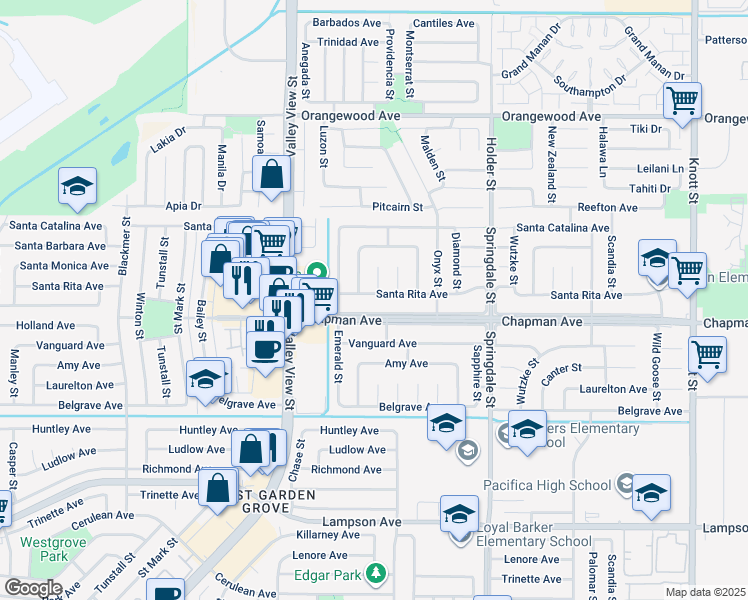 map of restaurants, bars, coffee shops, grocery stores, and more near 6212 Santa Rita Avenue in Garden Grove