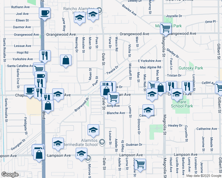 map of restaurants, bars, coffee shops, grocery stores, and more near 8552 Marylee Drive in Garden Grove