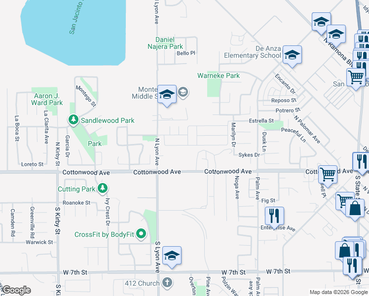 map of restaurants, bars, coffee shops, grocery stores, and more near 1432 Braided Mane Drive in San Jacinto