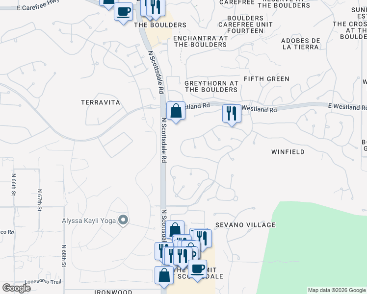 map of restaurants, bars, coffee shops, grocery stores, and more near 7273 East Soaring Eagle Way in Scottsdale