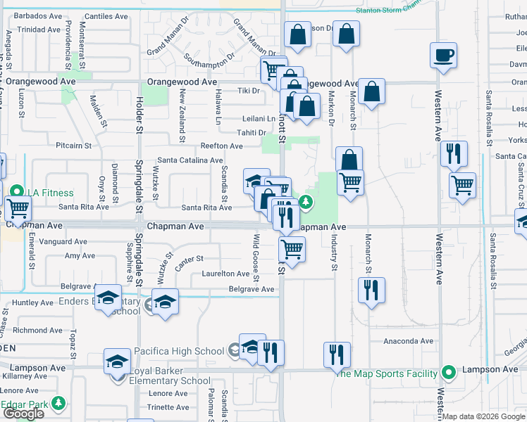 map of restaurants, bars, coffee shops, grocery stores, and more near 11932 Wild Goose Street in Garden Grove