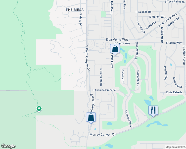 map of restaurants, bars, coffee shops, grocery stores, and more near 2396 South Sky View Drive in Palm Springs