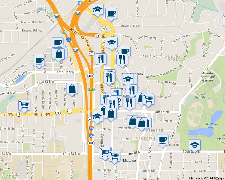 map of restaurants, bars, coffee shops, grocery stores, and more near in Atlanta