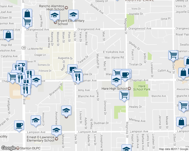 map of restaurants, bars, coffee shops, grocery stores, and more near 8682 Marylee Drive in Garden Grove