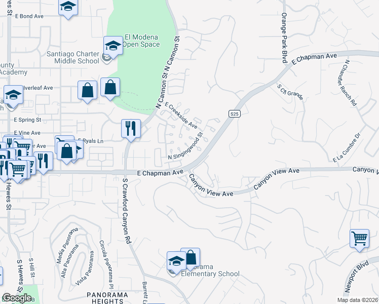 map of restaurants, bars, coffee shops, grocery stores, and more near 177 North Singingwood Street in Orange