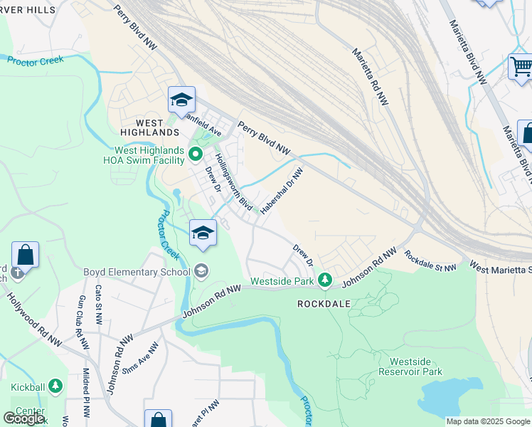 map of restaurants, bars, coffee shops, grocery stores, and more near 1639 Habershal Drive Northwest in Atlanta
