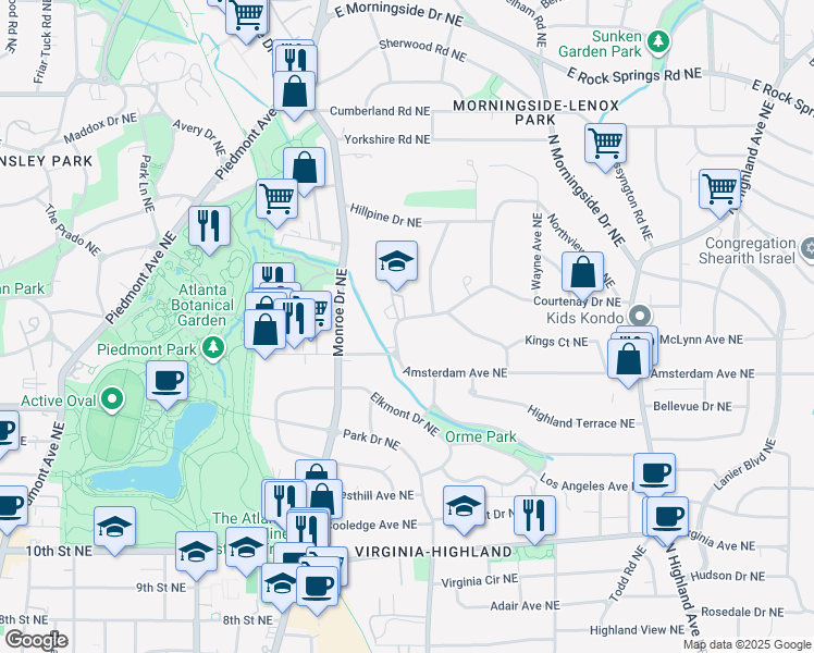 map of restaurants, bars, coffee shops, grocery stores, and more near 685 Courtenay Drive Northeast in Atlanta