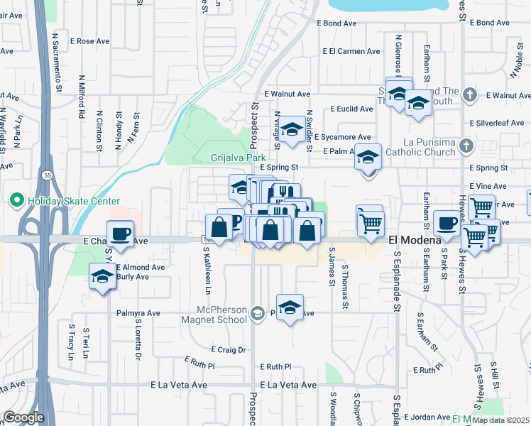 map of restaurants, bars, coffee shops, grocery stores, and more near 3423 East Chapman Avenue in Orange