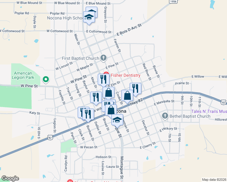 map of restaurants, bars, coffee shops, grocery stores, and more near 107 East Oak Street in Nocona
