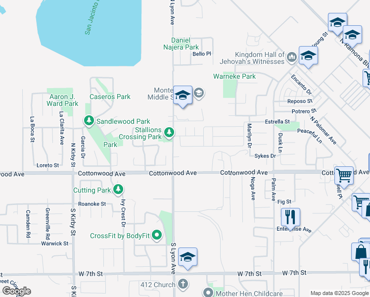 map of restaurants, bars, coffee shops, grocery stores, and more near Braided Mane Drive in San Jacinto