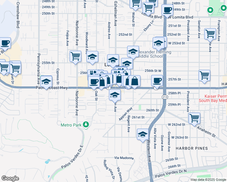 map of restaurants, bars, coffee shops, grocery stores, and more near 2018 Pacific Coast Highway in Lomita