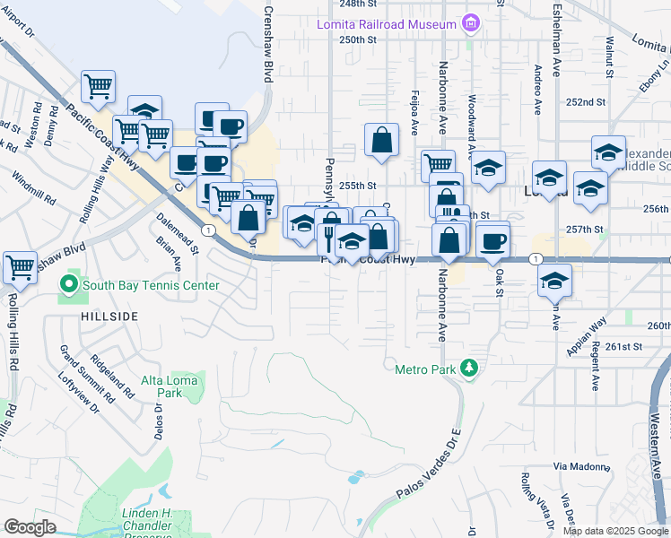 map of restaurants, bars, coffee shops, grocery stores, and more near 2342 California 1 in Lomita
