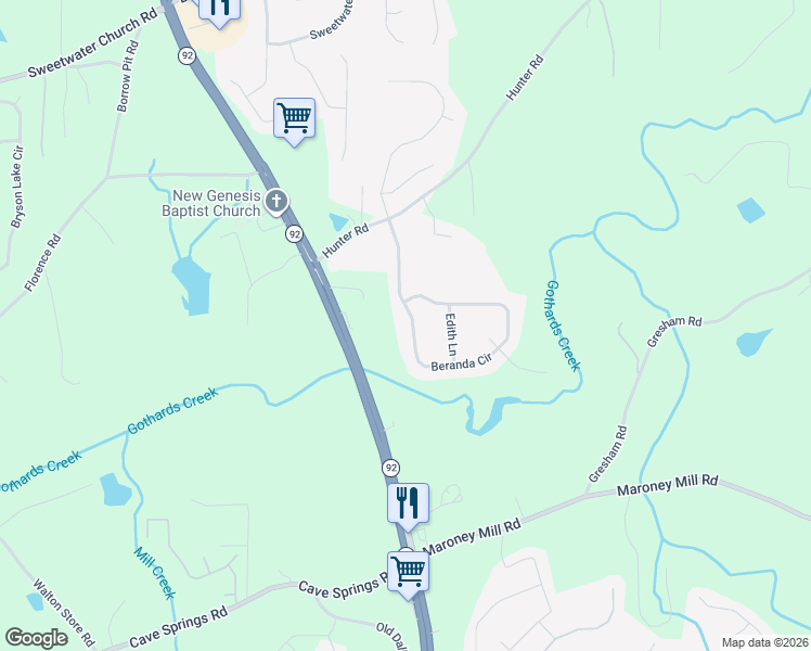 map of restaurants, bars, coffee shops, grocery stores, and more near 264 Beranda Circle in Douglasville