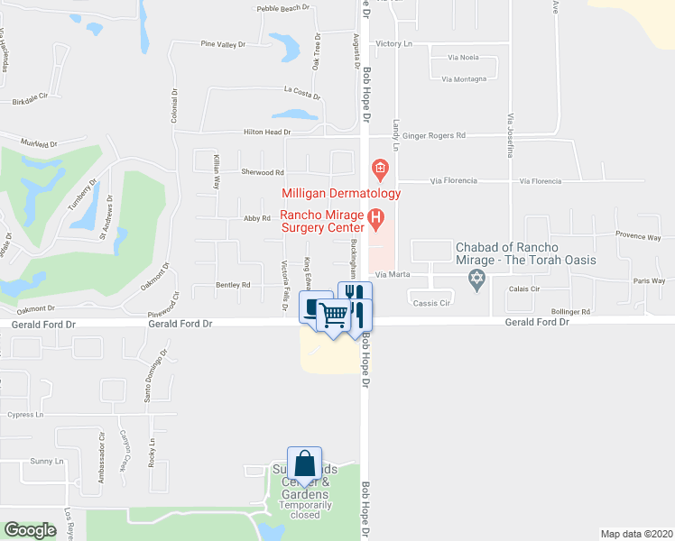 map of restaurants, bars, coffee shops, grocery stores, and more near 5 Queens Court in Rancho Mirage