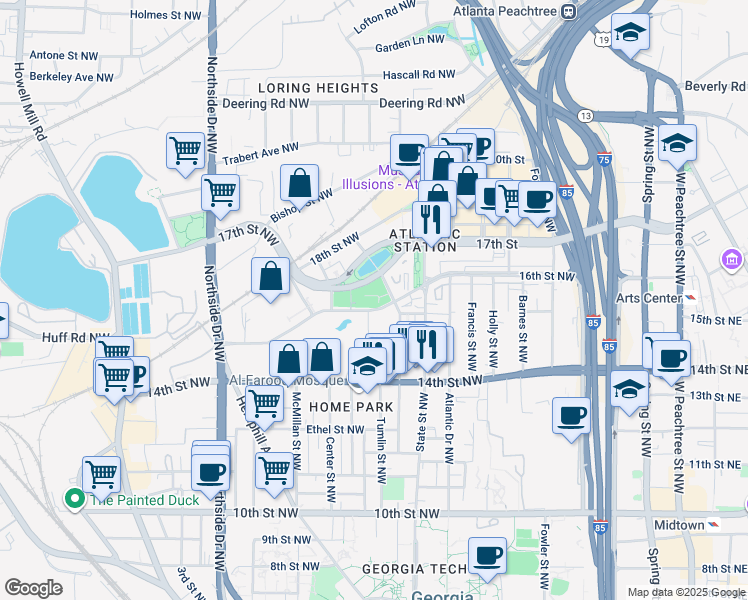 map of restaurants, bars, coffee shops, grocery stores, and more near 400 17th Street Northwest in Atlanta