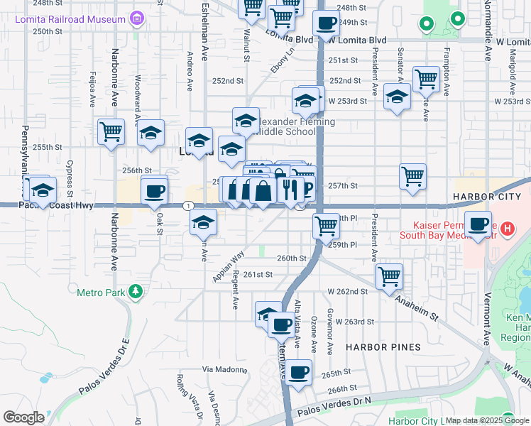 map of restaurants, bars, coffee shops, grocery stores, and more near 1844 Pacific Coast Highway in Lomita