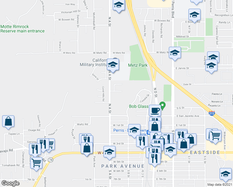 map of restaurants, bars, coffee shops, grocery stores, and more near 363 Columbine Court in Perris