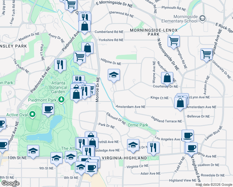 map of restaurants, bars, coffee shops, grocery stores, and more near 685 Courtenay Drive Northeast in Atlanta
