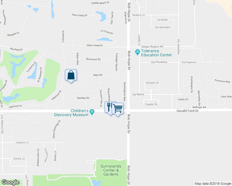 map of restaurants, bars, coffee shops, grocery stores, and more near 7 Queens Court in Rancho Mirage