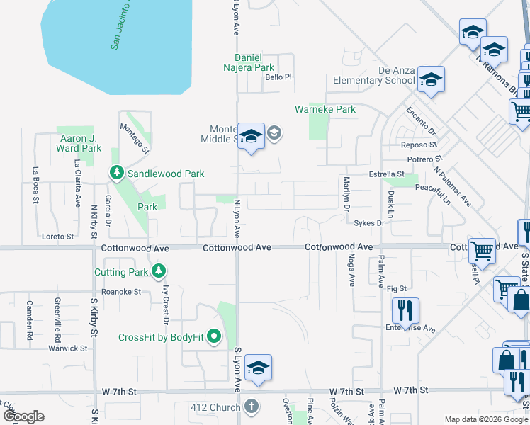 map of restaurants, bars, coffee shops, grocery stores, and more near 1462 Braided Mane Drive in San Jacinto