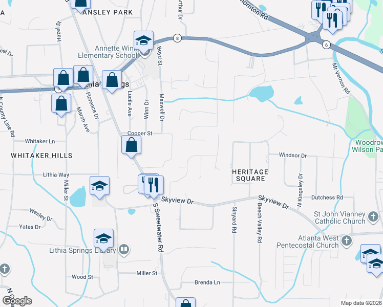 map of restaurants, bars, coffee shops, grocery stores, and more near 2352 Skyline Ridge Drive in Lithia Springs