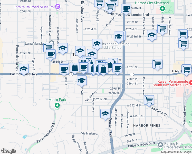 map of restaurants, bars, coffee shops, grocery stores, and more near 25807 Walnut Street in Lomita