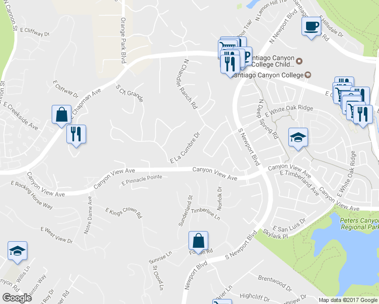 map of restaurants, bars, coffee shops, grocery stores, and more near 7202 East La Cumbre Drive in Orange