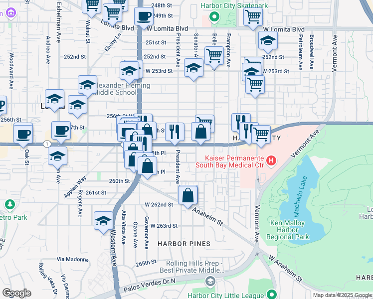 map of restaurants, bars, coffee shops, grocery stores, and more near 1520 California 1 in Los Angeles