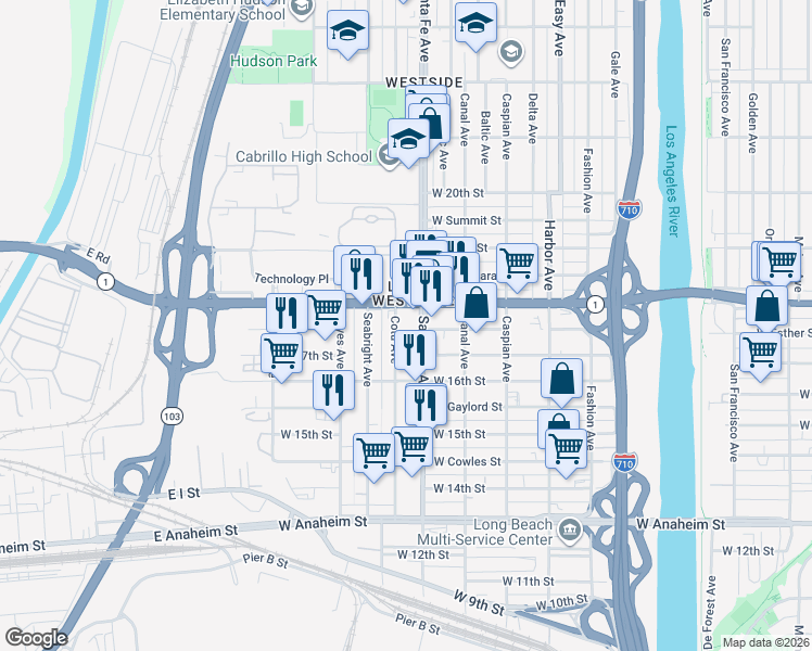 map of restaurants, bars, coffee shops, grocery stores, and more near 1734 Cota Avenue in Long Beach